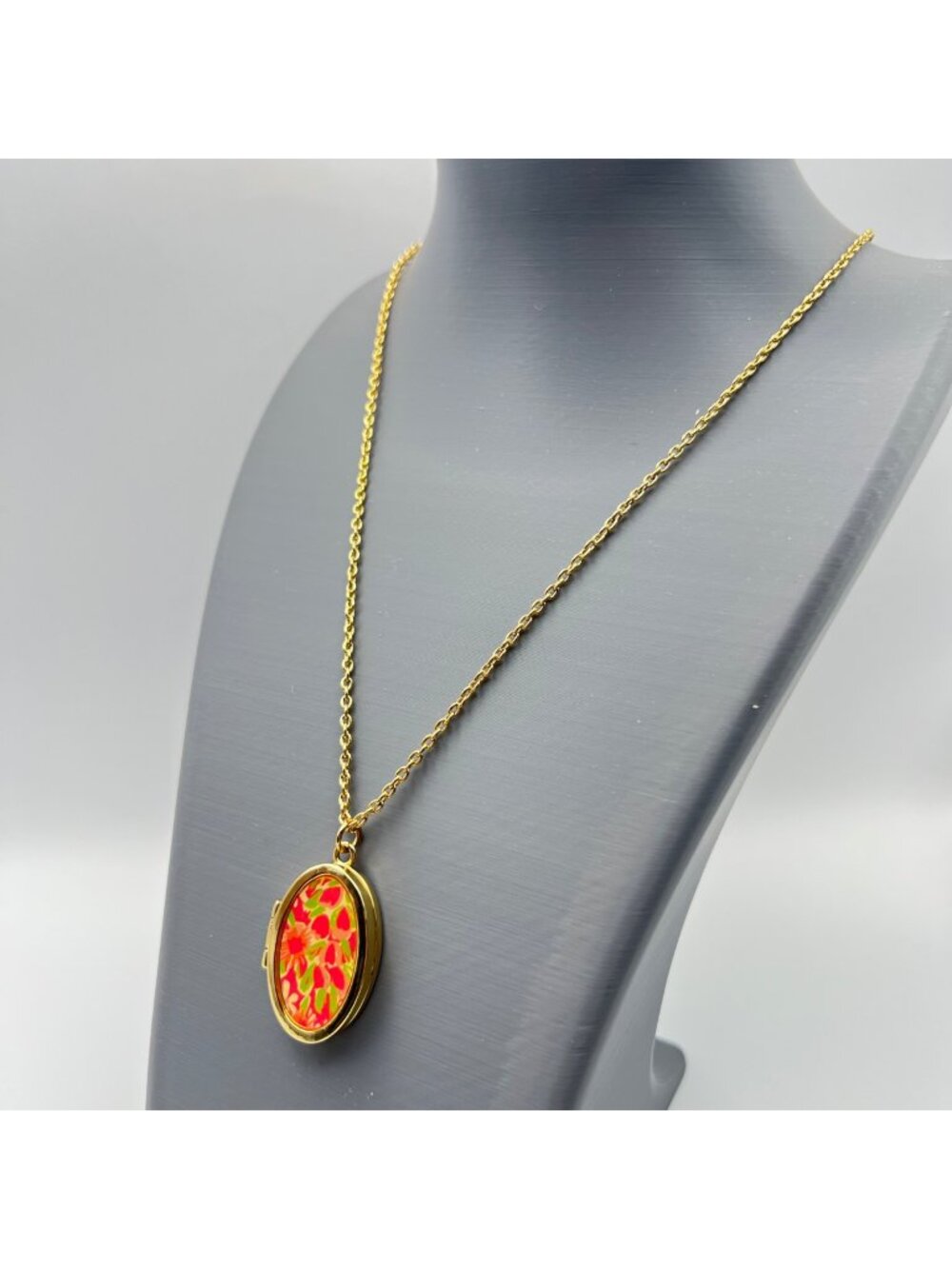 Signed Lilly Pulitzer Locket Necklace Gold Tone 28" Oval Pink Green Floral Love